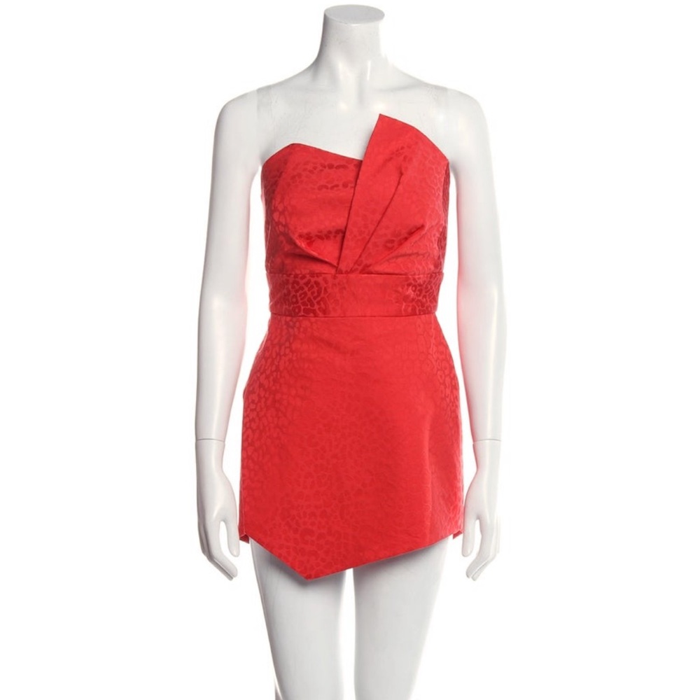 Michelle Mason leopard orange-red asymmetrical strapless mini cocktail dress